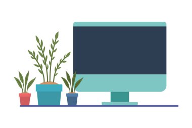 beyaz arka planda houseplant ile bilgisayar ekranı