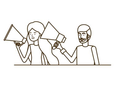 Genç çift ellerinde megafonla.