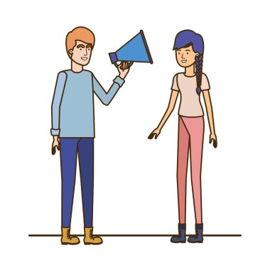 Genç çift ellerinde megafonla.