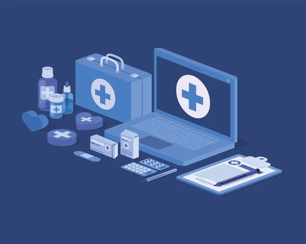 Serviço de telemedicina laptop com kit médico e medicamentos — Vetor de Stock