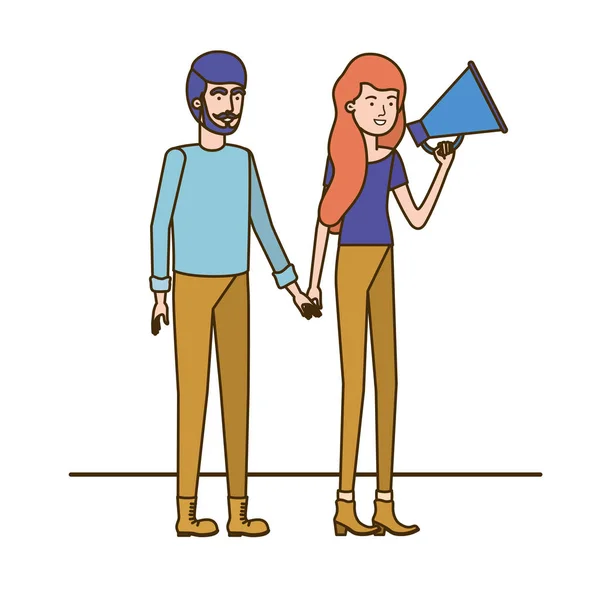 Young couple in with megaphone in the hand — Stock Vector