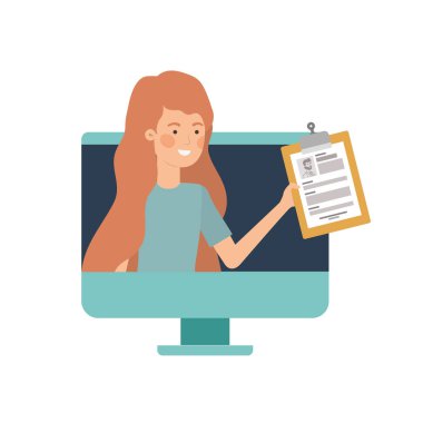 woman on computer screen with white background