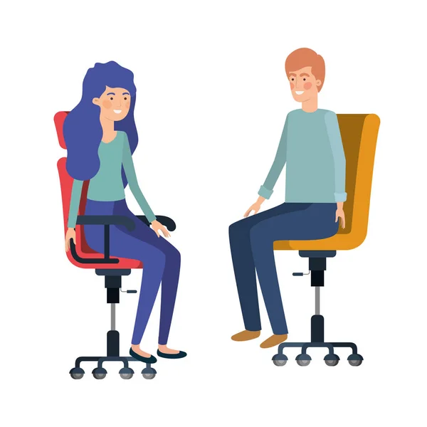 Casal com sentado na cadeira de escritório avatar personagem —  Vetores de Stock