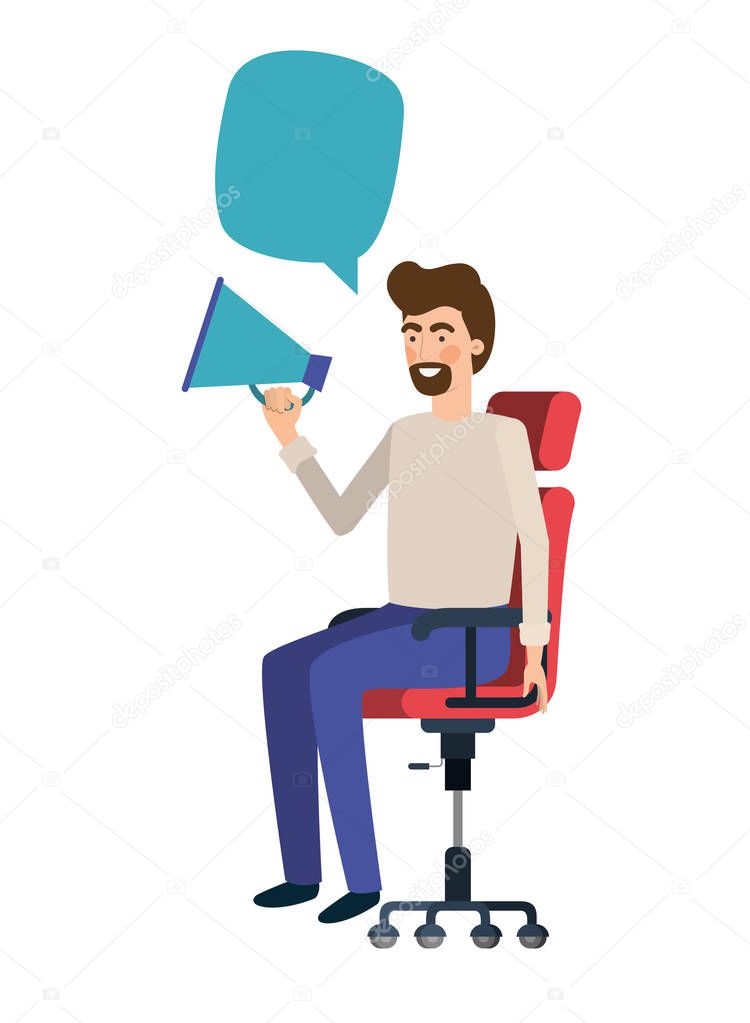 man with sitting in office chair and megaphone