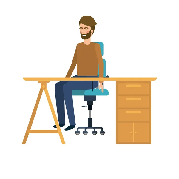 Hombre sentado en la oficina de trabajo con fondo blanco — Vector de stock