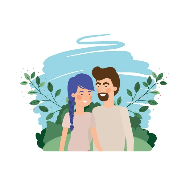 Νεαρό ζευγάρι με τοπίο avatar χαρακτήρων — Διανυσματικό Αρχείο