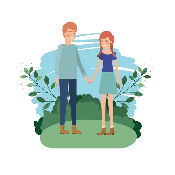 Jeune couple avec personnage avatar paysage — Image vectorielle