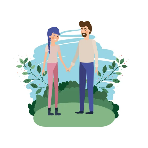 Jovem casal com caráter avatar paisagem —  Vetores de Stock
