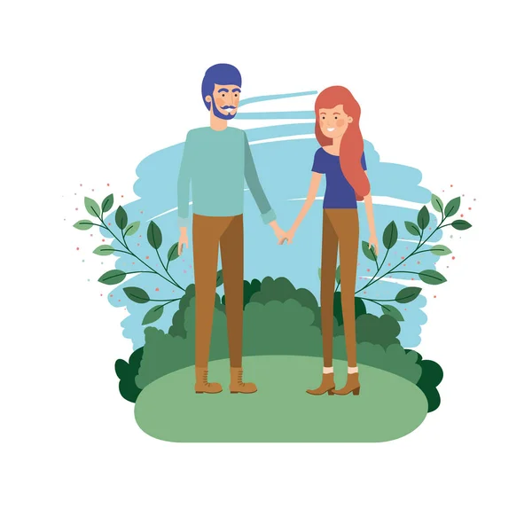 Pasangan muda dengan karakter avatar landscape - Stok Vektor
