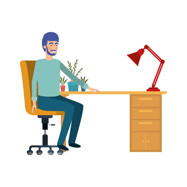 Homem sentado no escritório de trabalho com fundo branco — Vetor de Stock
