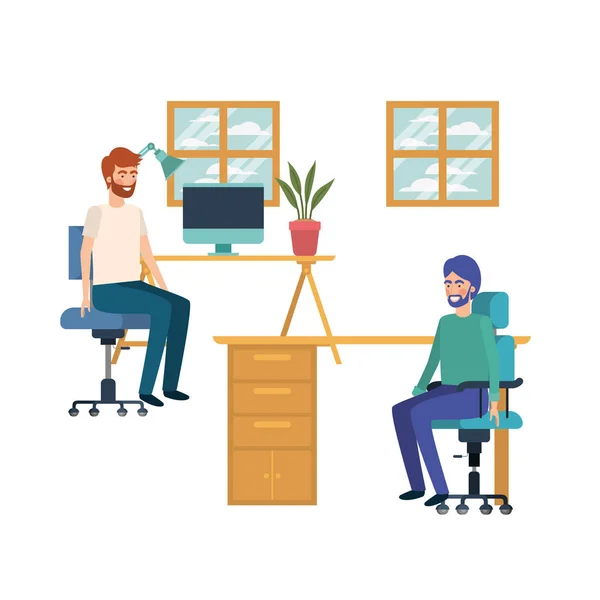 Men sitting in the work office with white background — Stock Vector