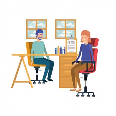 beyaz arka plan ile iş ofisinde oturan çift