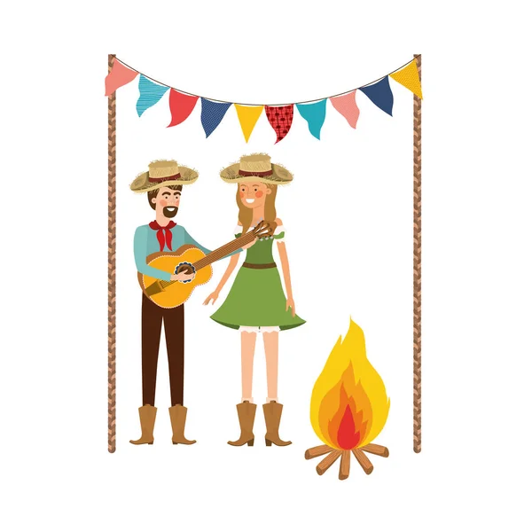 Pareja de agricultores con instrumento musical — Vector de stock