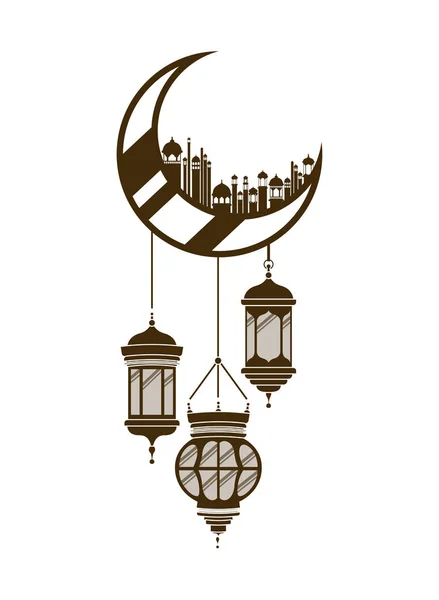 Moon hanging with ramadan kareem mosque buildings — Stock Vector