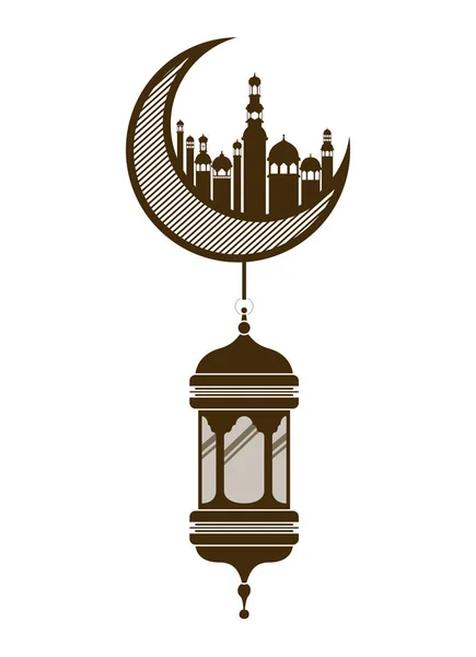 Lua pendurada com ramadan kareem mesquita edifícios —  Vetores de Stock