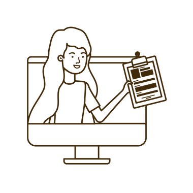 woman on computer screen with white background