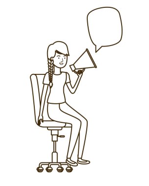 woman with sitting in office chair and megaphone