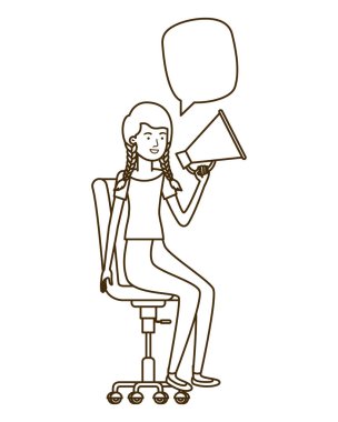 woman with sitting in office chair and megaphone