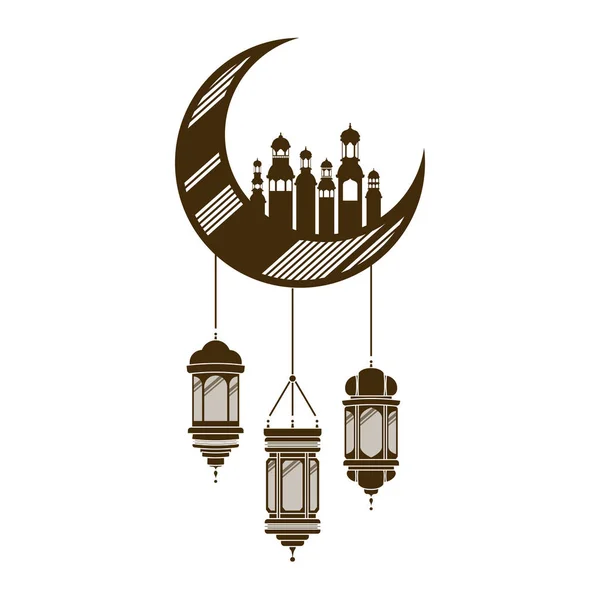 Lune suspendue avec ramadan bâtiments mosquée kareem — Image vectorielle