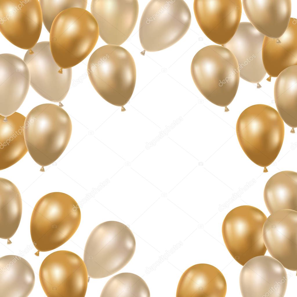 frame with helium balloons on white background