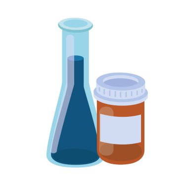 beyaz arka planda ilaçlar ile laboratuvar aletleri