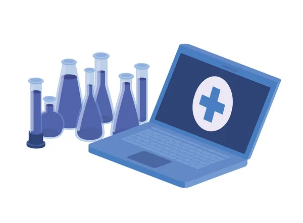 Ikona laptopa i narzędzia laboratoryjne na białym tle — Wektor stockowy