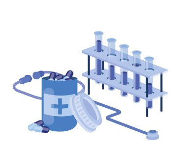 beyaz arka planda ilaçlar ile laboratuvar aletleri