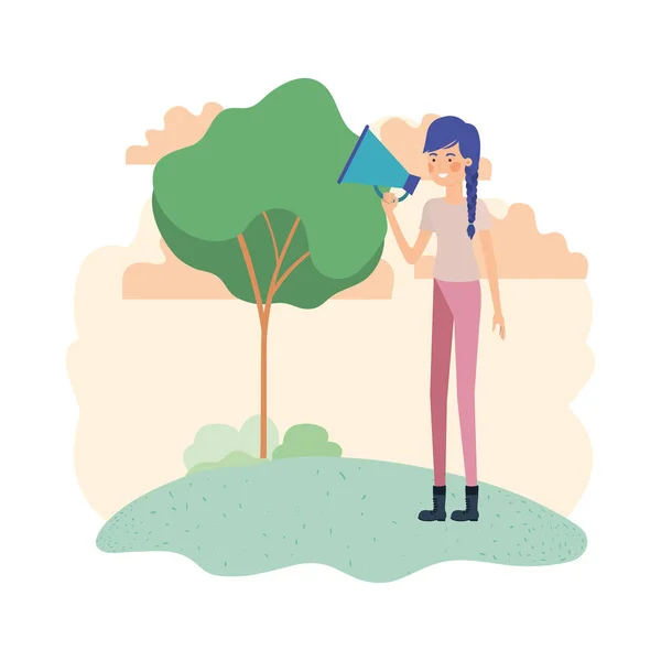 Vrouw met megafoon in de hand in landschap — Stockvector