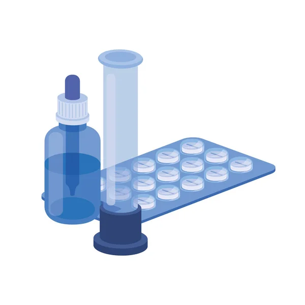Instrumentos de laboratorio con medicamentos en fondo blanco — Vector de stock