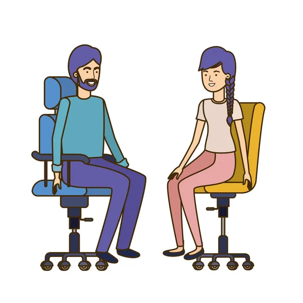 Couple with sitting in office chair avatar character — Stock Vector