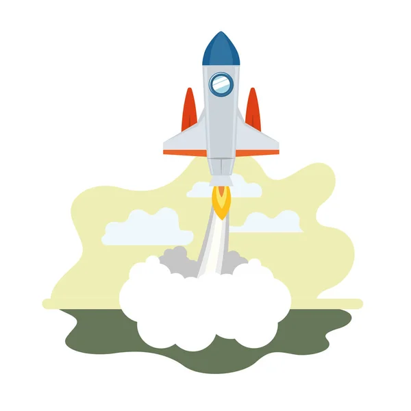 Rocket taking off in landscape of background — Stock Vector