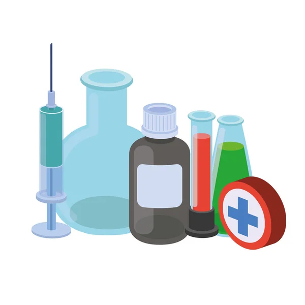 Instrumentos de laboratório com medicamentos de fundo branco — Vetor de Stock
