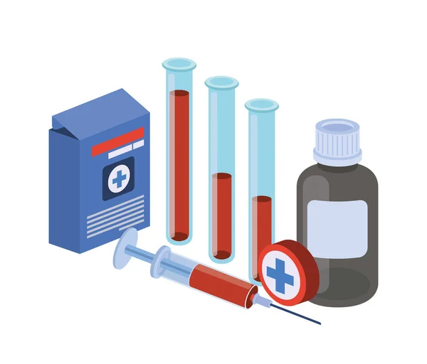 Instruments de laboratoire avec des médicaments en fond blanc — Image vectorielle