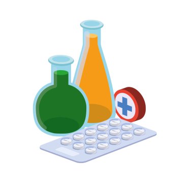 beyaz arka planda ilaçlar ile laboratuvar aletleri