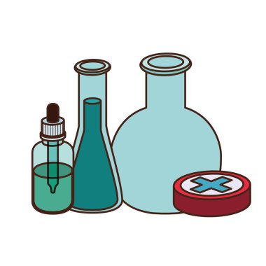 beyaz arka planda ilaçlar ile laboratuvar aletleri