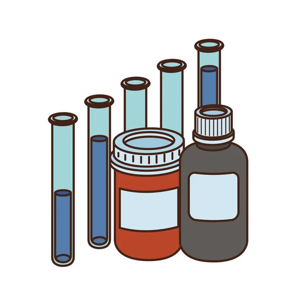 Instrumentos de laboratorio con medicamentos en fondo blanco — Vector de stock