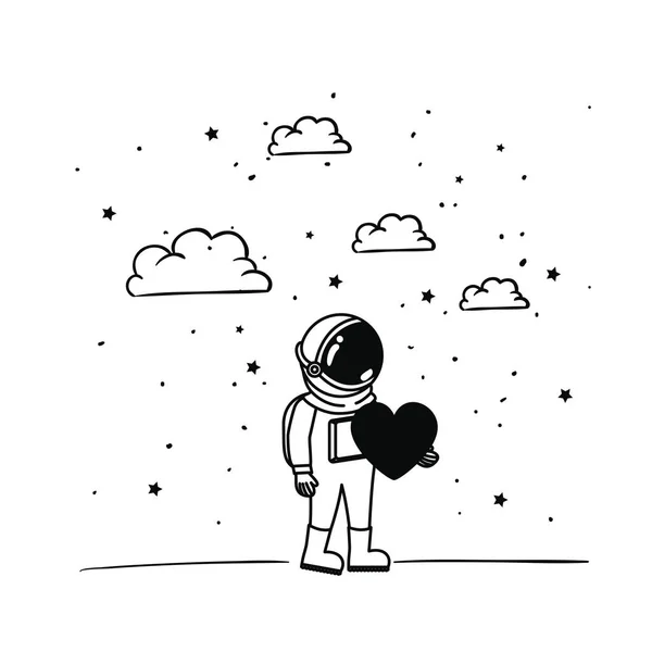 Astronauta con tuta spaziale e cuore su sfondo bianco — Vettoriale Stock