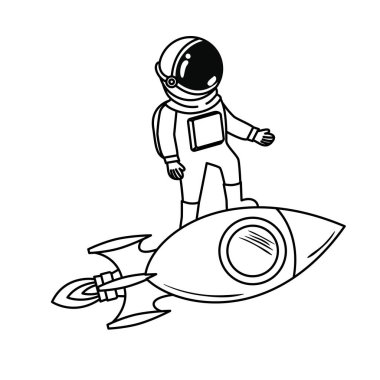 beyaz arka planda uzay elbisesi ve roket ile astronot