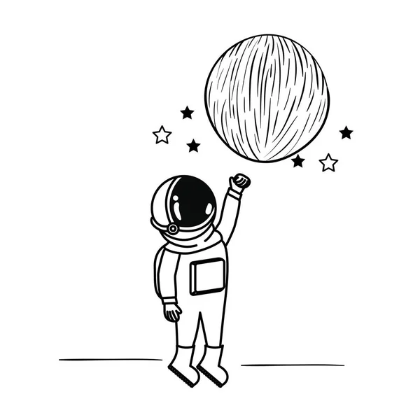 Astronauta con tuta spaziale e pianeta su sfondo bianco — Vettoriale Stock