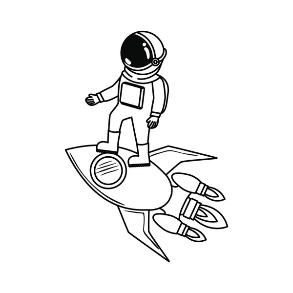 Astronauta con traje espacial y cohete en fondo blanco — Vector de stock