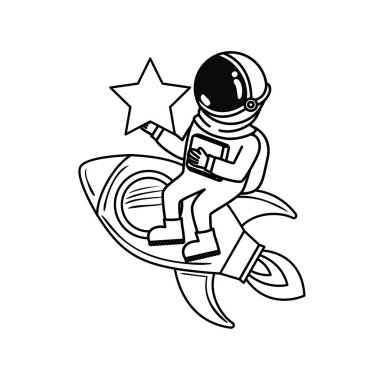 beyaz arka planda uzay elbisesi ve roket ile astronot