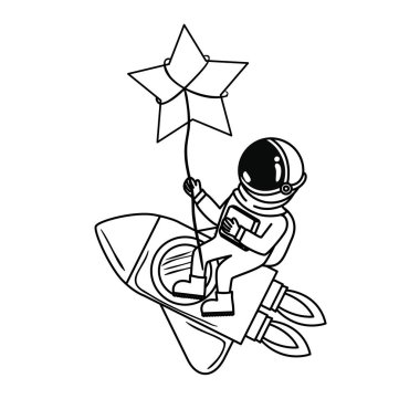 beyaz arka planda uzay elbisesi ve roket ile astronot