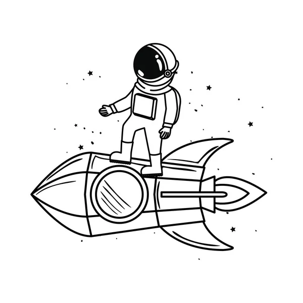 Astronauta com traje espacial e foguete em fundo branco —  Vetores de Stock