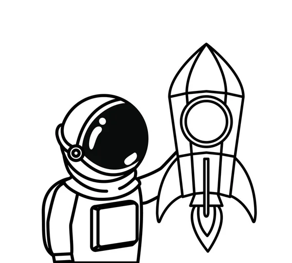 Astronauta con traje espacial y cohete en fondo blanco — Vector de stock