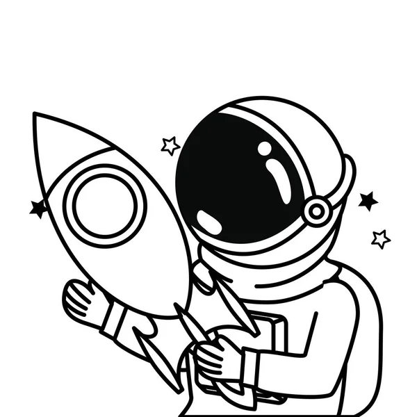 Astronauta com traje espacial e foguete em fundo branco —  Vetores de Stock