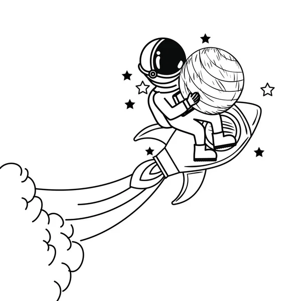 Astronauta con tuta spaziale e razzo su sfondo bianco — Vettoriale Stock