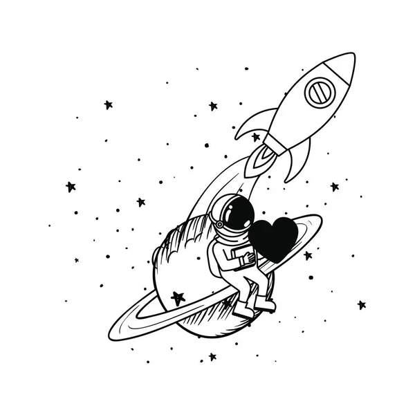 Astronauta com traje espacial e foguete em fundo branco — Vetor de Stock