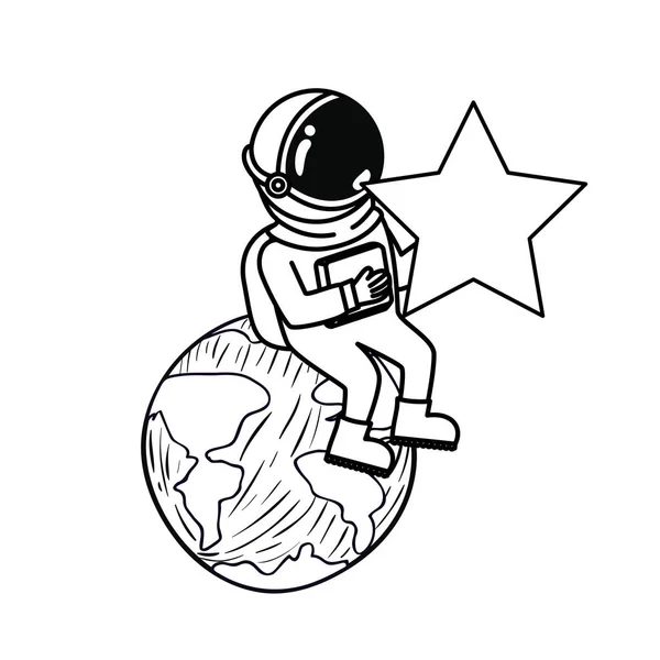 Astronaute avec combinaison spatiale et planète en fond blanc — Image vectorielle