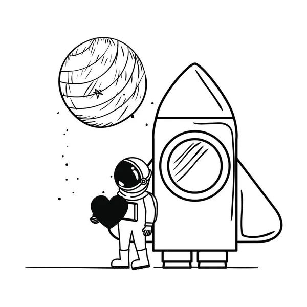 Astronaut med rymddräkt och raket i vit bakgrund — Stock vektor