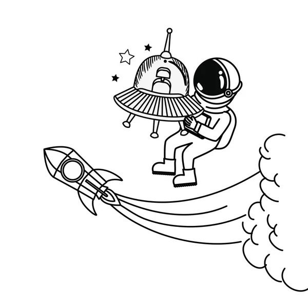 太空中宇航员和外星航天器的剪影 — 图库矢量图片